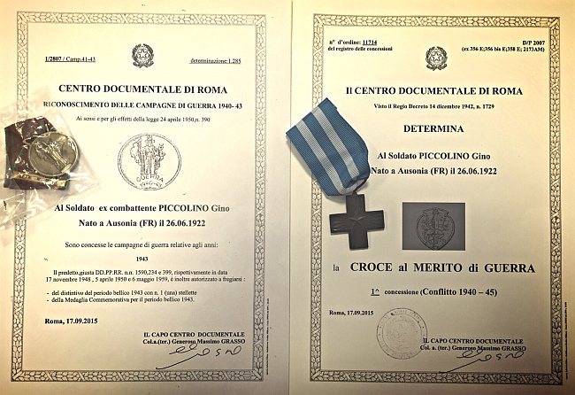Gino Piccolino Croce Merito Guerra e Medaglia Commemorativa 1940-1943