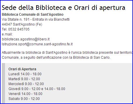 Orari Biblioteca Comune Sant Agostino