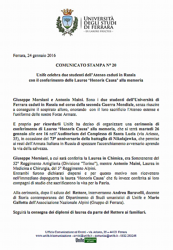 Laurea honoris causa Giuseppe Morsiani e Antonio Maini Comunicato Unife
